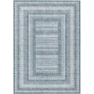 Photo of Denim Blue And Ivory Geometric Washable Indoor Outdoor Area Rug