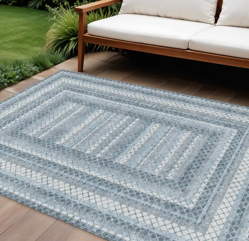 Denim Blue And Ivory Geometric Washable Indoor Outdoor Area Rug Photo 2