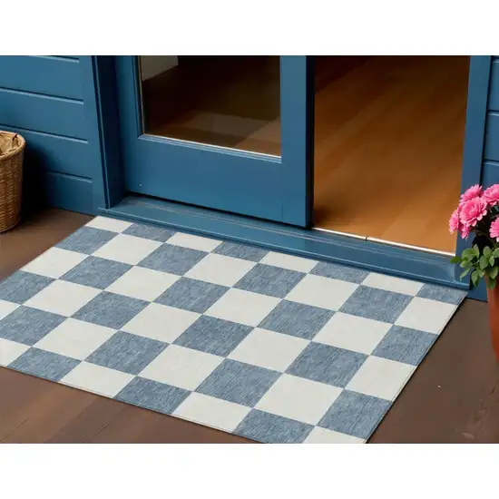 Denim Blue And Ivory Geometric Washable Indoor Outdoor Area Rug Photo 1