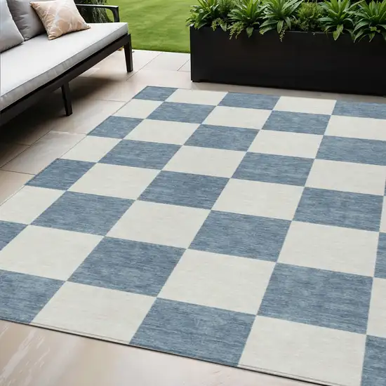 Denim Blue And Ivory Geometric Washable Indoor Outdoor Area Rug Photo 1