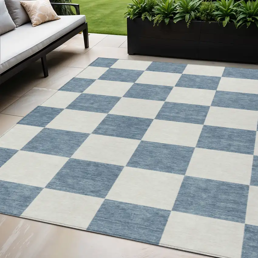 Denim Blue And Ivory Geometric Washable Indoor Outdoor Area Rug Photo 1