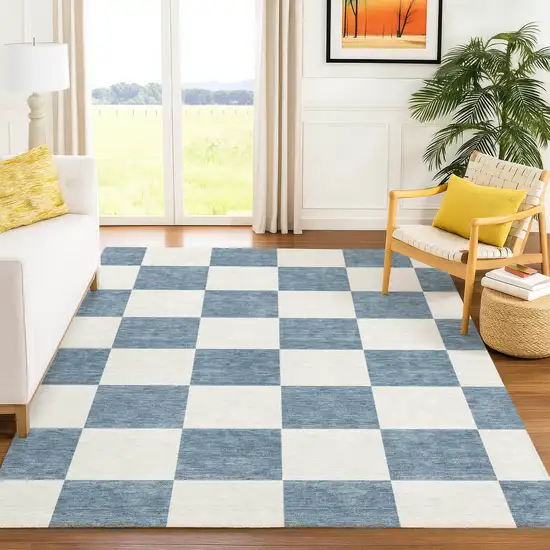 Denim Blue And Ivory Geometric Washable Indoor Outdoor Area Rug Photo 8