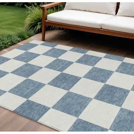 Denim Blue And Ivory Geometric Washable Indoor Outdoor Area Rug Photo 1