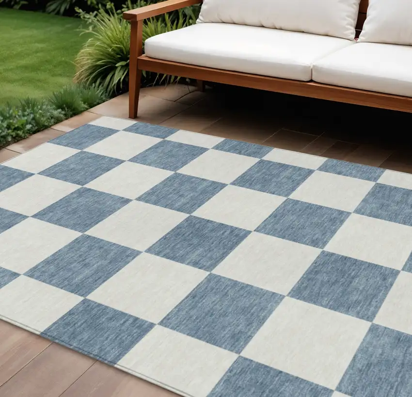 Denim Blue And Ivory Geometric Washable Indoor Outdoor Area Rug Photo 1