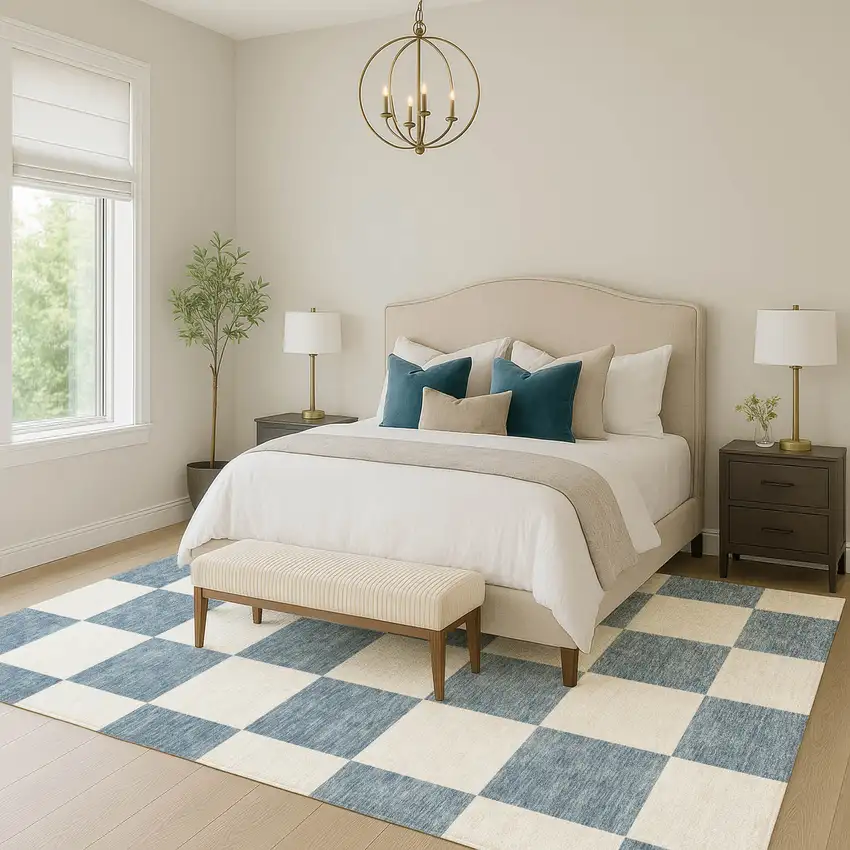 Denim Blue And Ivory Geometric Washable Indoor Outdoor Area Rug Photo 7