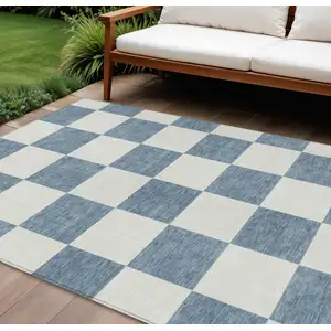Photo of Denim Blue And Ivory Geometric Washable Indoor Outdoor Area Rug