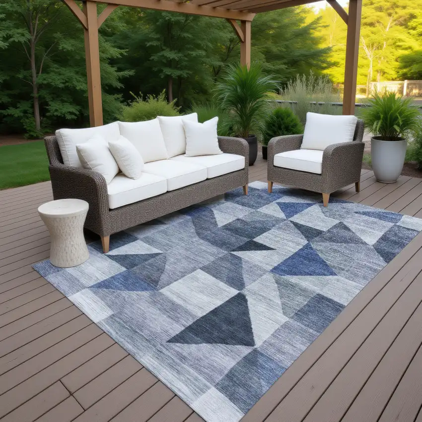 Denim Blue And Ivory Geometric Washable Indoor Outdoor Area Rug Photo 7