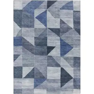 Photo of Denim Blue And Ivory Geometric Washable Indoor Outdoor Area Rug