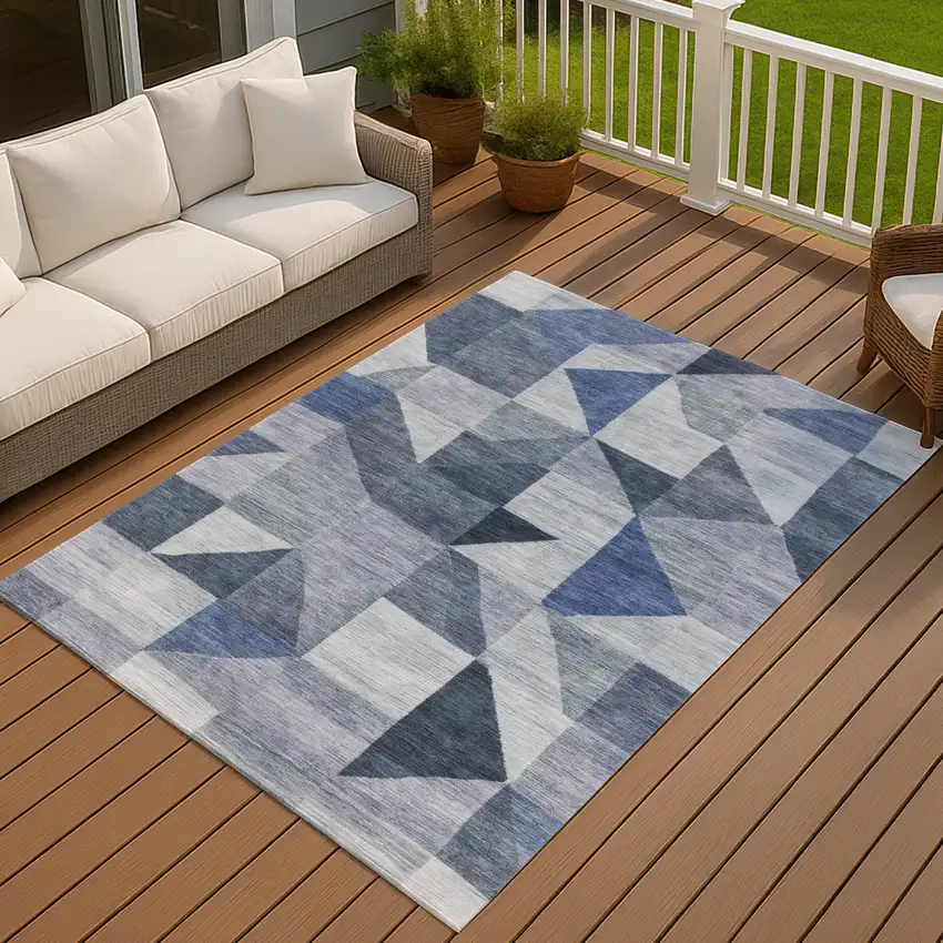 Denim Blue And Ivory Geometric Washable Indoor Outdoor Area Rug Photo 4