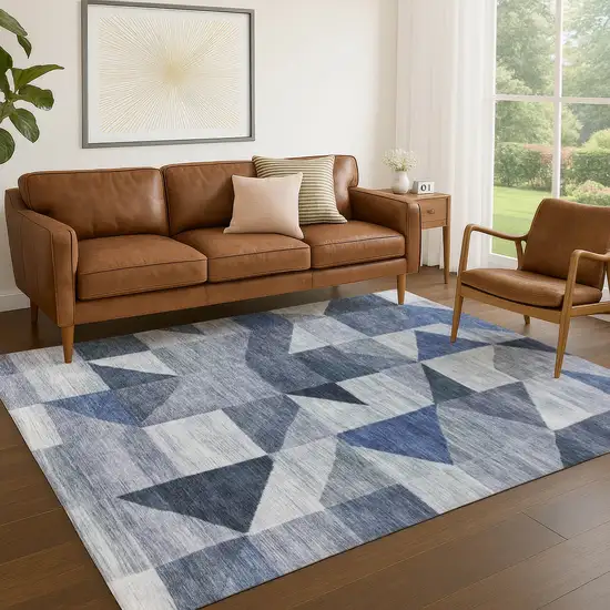 Denim Blue And Ivory Geometric Washable Indoor Outdoor Area Rug Photo 5