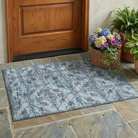 Denim Blue And Ivory Geometric Washable Indoor Outdoor Area Rug Photo 1