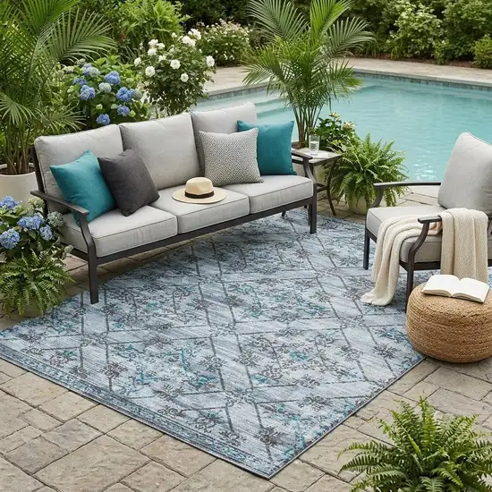 Denim Blue And Ivory Geometric Washable Indoor Outdoor Area Rug Photo 1