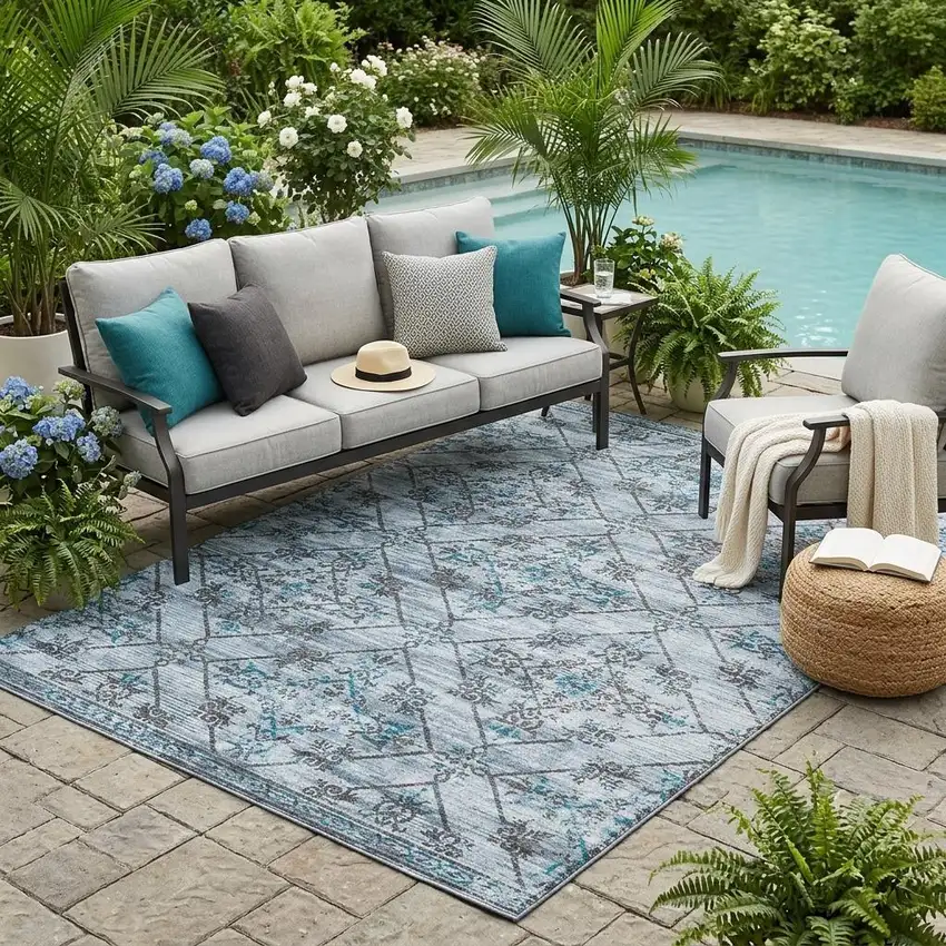 Denim Blue And Ivory Geometric Washable Indoor Outdoor Area Rug Photo 1