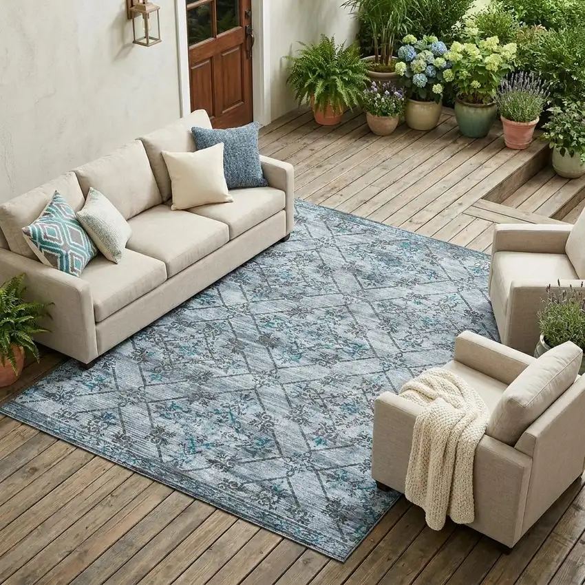 Denim Blue And Ivory Geometric Washable Indoor Outdoor Area Rug Photo 1