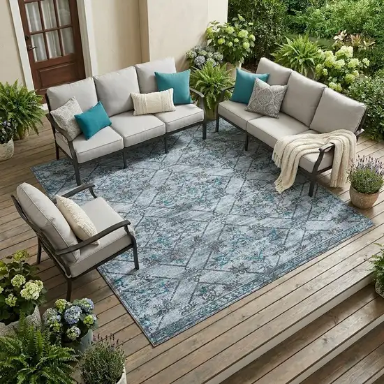 Denim Blue And Ivory Geometric Washable Indoor Outdoor Area Rug Photo 1