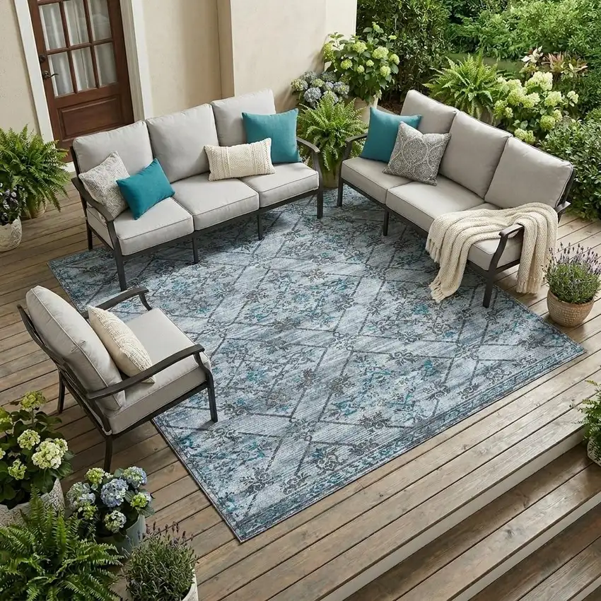 Denim Blue And Ivory Geometric Washable Indoor Outdoor Area Rug Photo 1