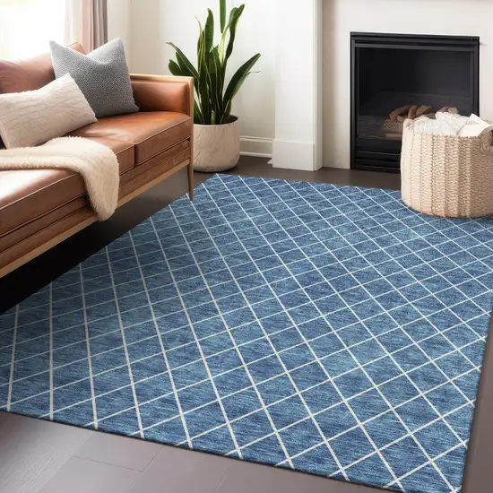 Denim Blue And Ivory Geometric Washable Indoor Outdoor Area Rug Photo 9