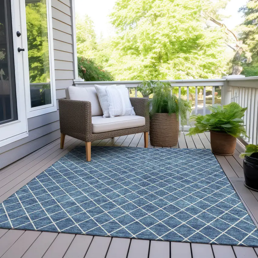 Denim Blue And Ivory Geometric Washable Indoor Outdoor Area Rug Photo 8