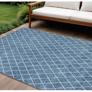 Photo of Denim Blue And Ivory Geometric Washable Indoor Outdoor Area Rug