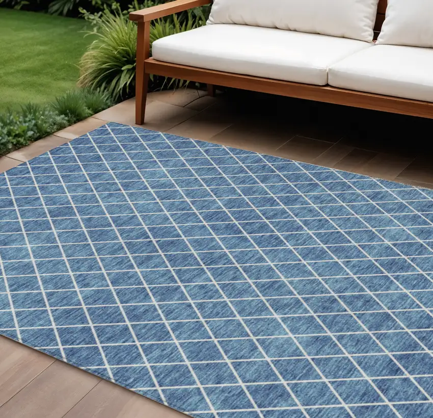 Denim Blue And Ivory Geometric Washable Indoor Outdoor Area Rug Photo 1
