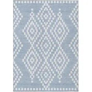 Photo of Denim Blue And Ivory Geometric Washable Indoor Outdoor Area Rug