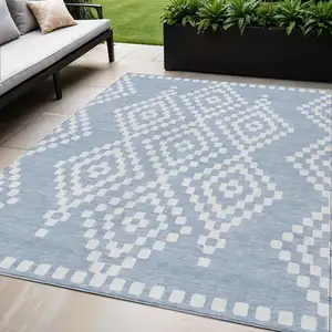 Photo of Denim Blue And Ivory Geometric Washable Indoor Outdoor Area Rug