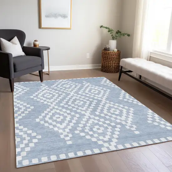 Denim Blue And Ivory Geometric Washable Indoor Outdoor Area Rug Photo 9
