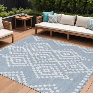 Photo of Denim Blue And Ivory Geometric Washable Indoor Outdoor Area Rug