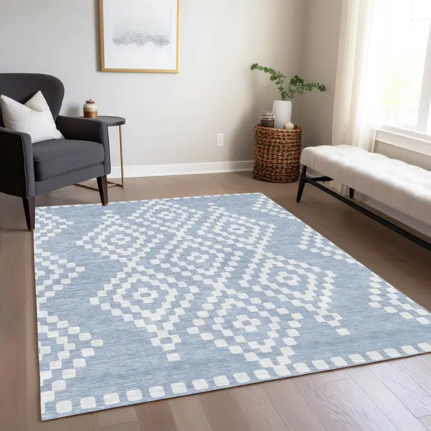Denim Blue And Ivory Geometric Washable Indoor Outdoor Area Rug Photo 9