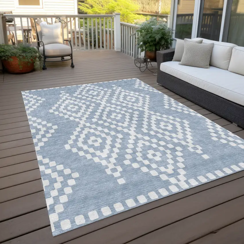 Denim Blue And Ivory Geometric Washable Indoor Outdoor Area Rug Photo 9