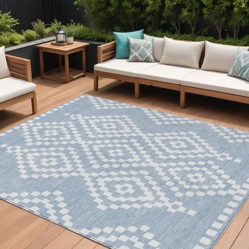 Denim Blue And Ivory Geometric Washable Indoor Outdoor Area Rug Photo 1