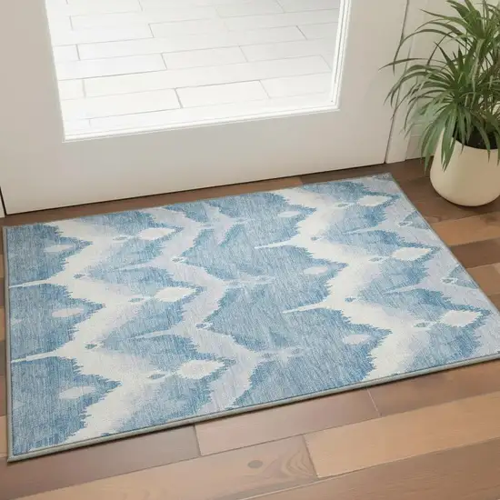 Denim Blue And Ivory Ikat Washable Area Rug With UV Protection Photo 2
