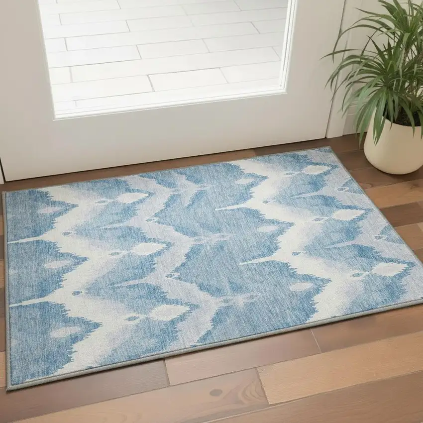 Denim Blue And Ivory Ikat Washable Area Rug With UV Protection Photo 2