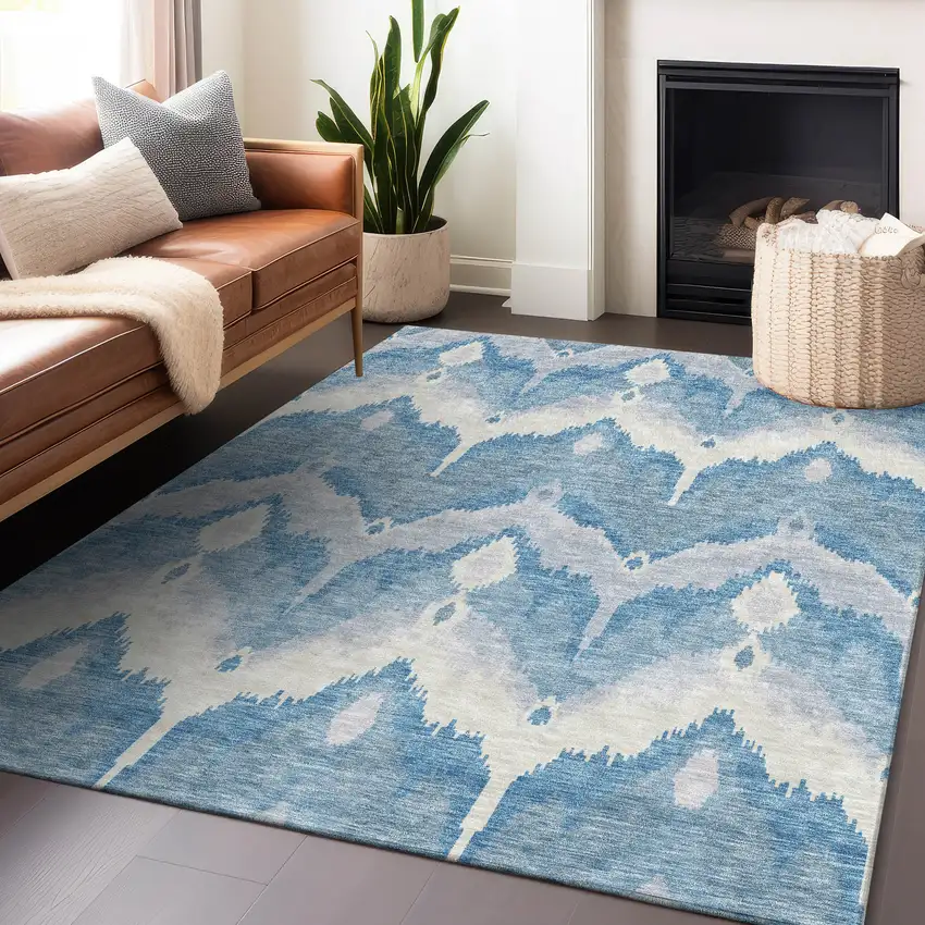 Denim Blue And Ivory Ikat Washable Area Rug With UV Protection Photo 6