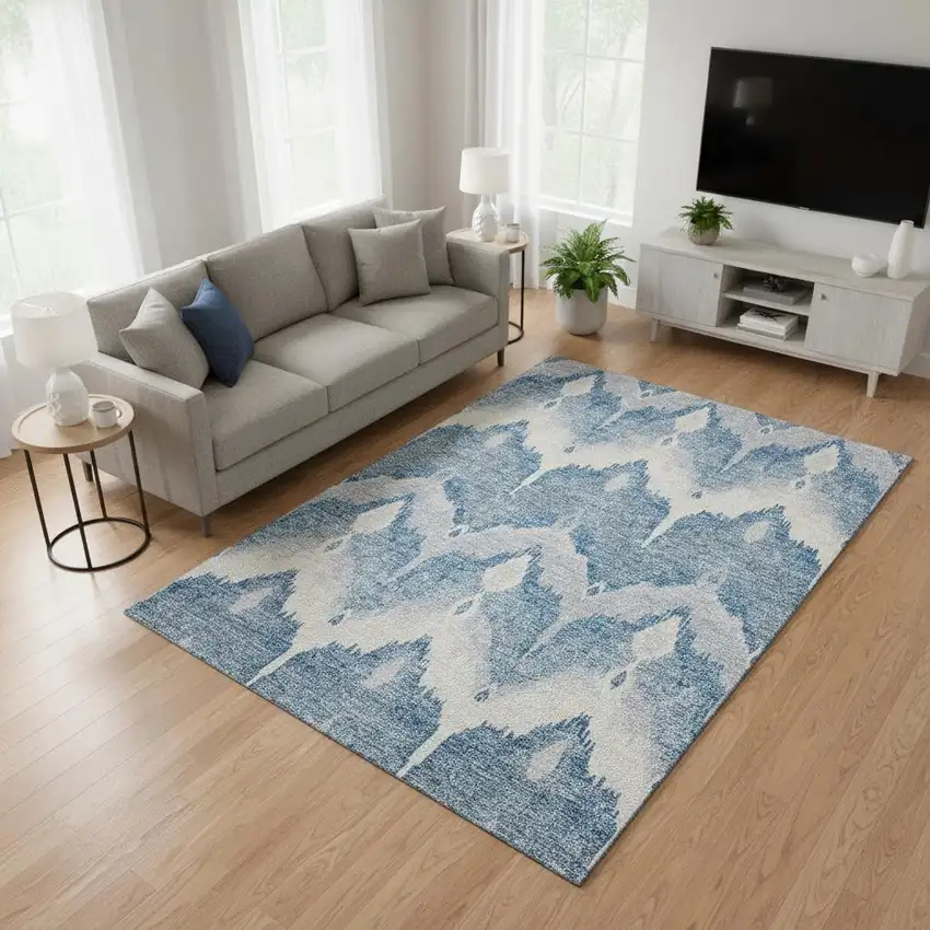 Denim Blue And Ivory Ikat Washable Area Rug With UV Protection Photo 2
