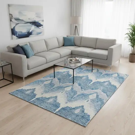 Denim Blue And Ivory Ikat Washable Area Rug With UV Protection Photo 2