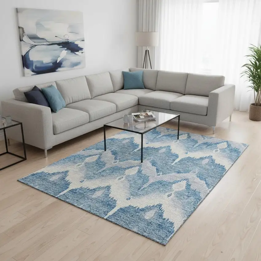 Denim Blue And Ivory Ikat Washable Area Rug With UV Protection Photo 2