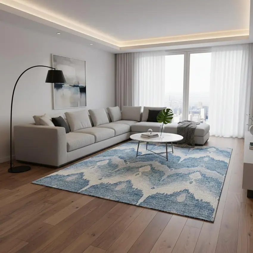 Denim Blue And Ivory Ikat Washable Area Rug With UV Protection Photo 2