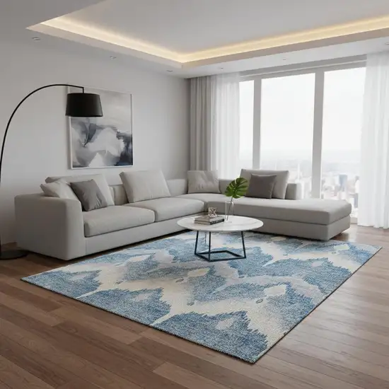 Denim Blue And Ivory Ikat Washable Area Rug With UV Protection Photo 2