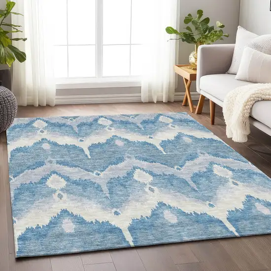 Denim Blue And Ivory Ikat Washable Area Rug With UV Protection Photo 5