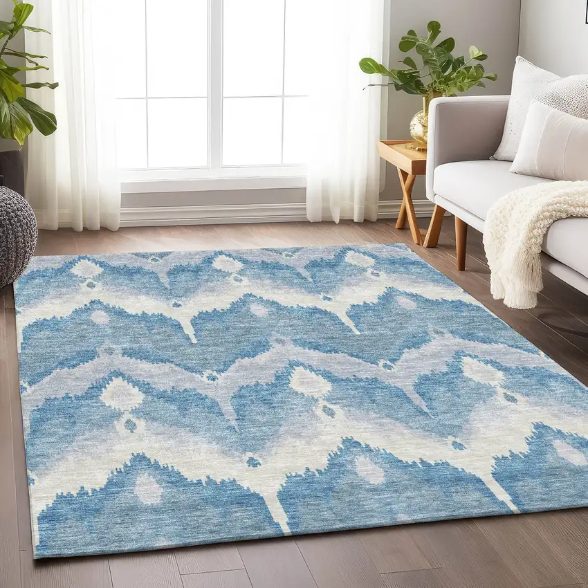 Denim Blue And Ivory Ikat Washable Area Rug With UV Protection Photo 5