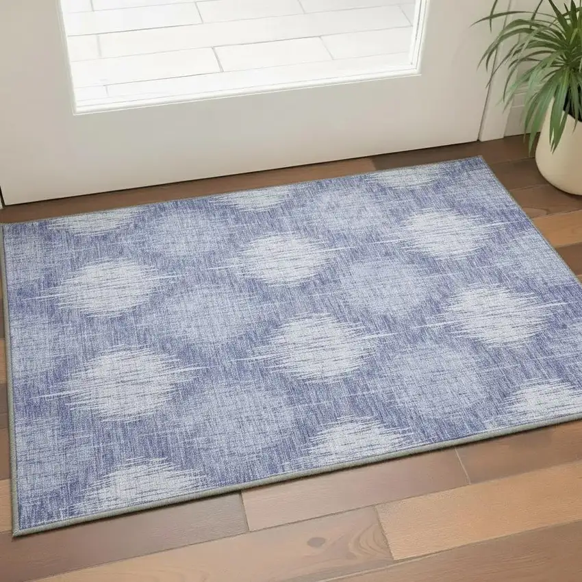 Denim Blue And Ivory Ikat Washable Area Rug With UV Protection Photo 2