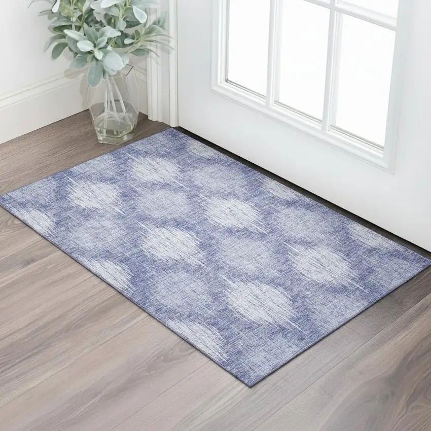 Denim Blue And Ivory Ikat Washable Area Rug With UV Protection Photo 1
