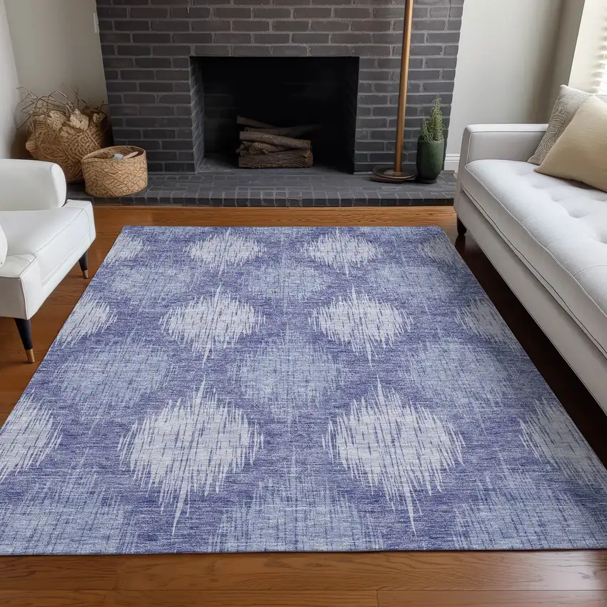 Denim Blue And Ivory Ikat Washable Area Rug With UV Protection Photo 5