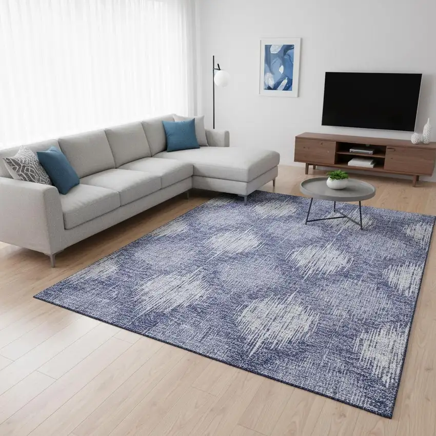 Denim Blue And Ivory Ikat Washable Area Rug With UV Protection Photo 2