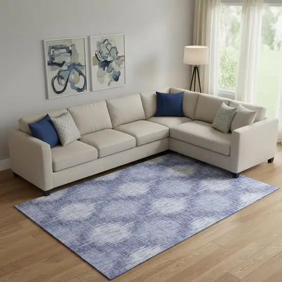Denim Blue And Ivory Ikat Washable Area Rug With UV Protection Photo 1