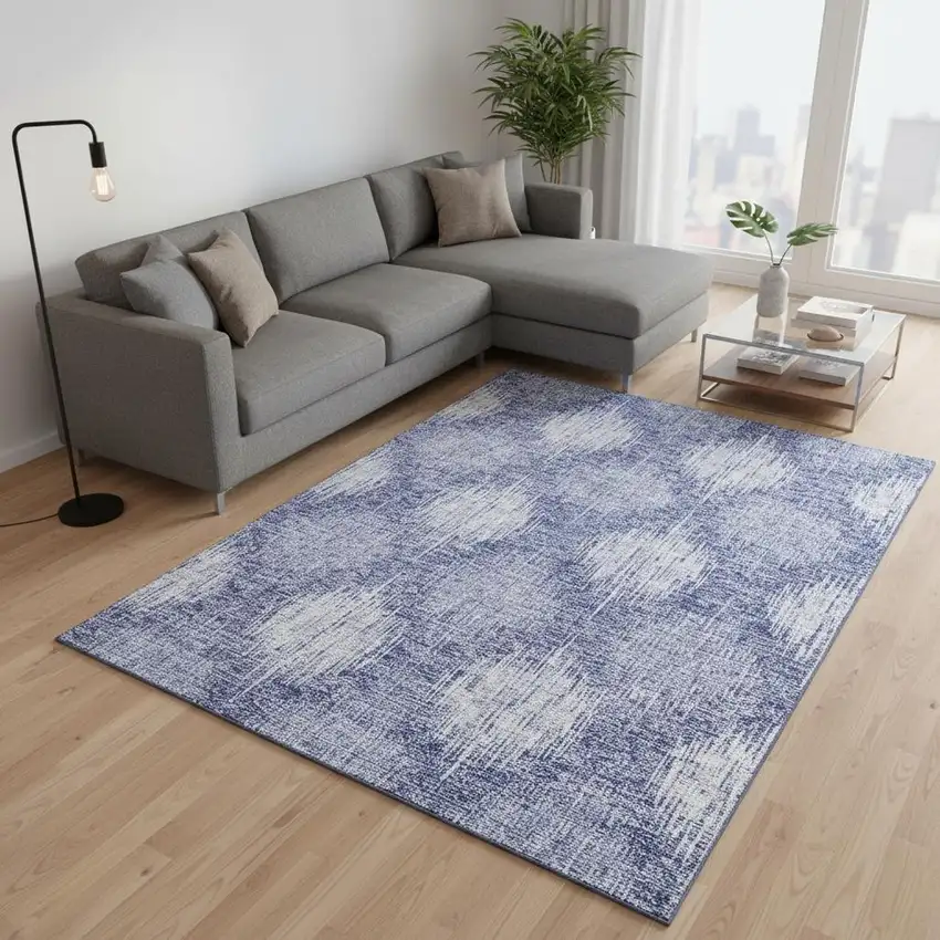 Denim Blue And Ivory Ikat Washable Area Rug With UV Protection Photo 2