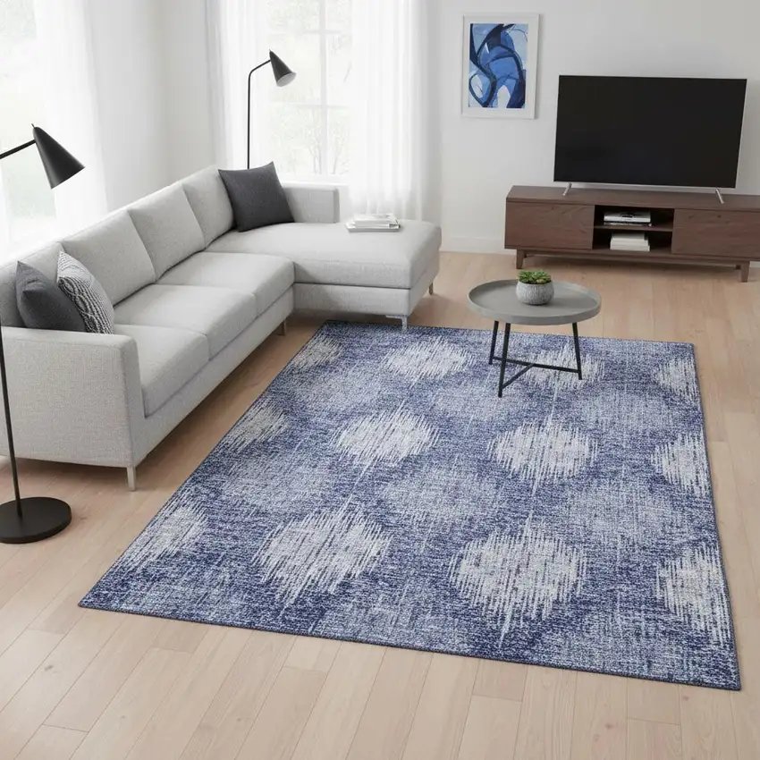 Denim Blue And Ivory Ikat Washable Area Rug With UV Protection Photo 2
