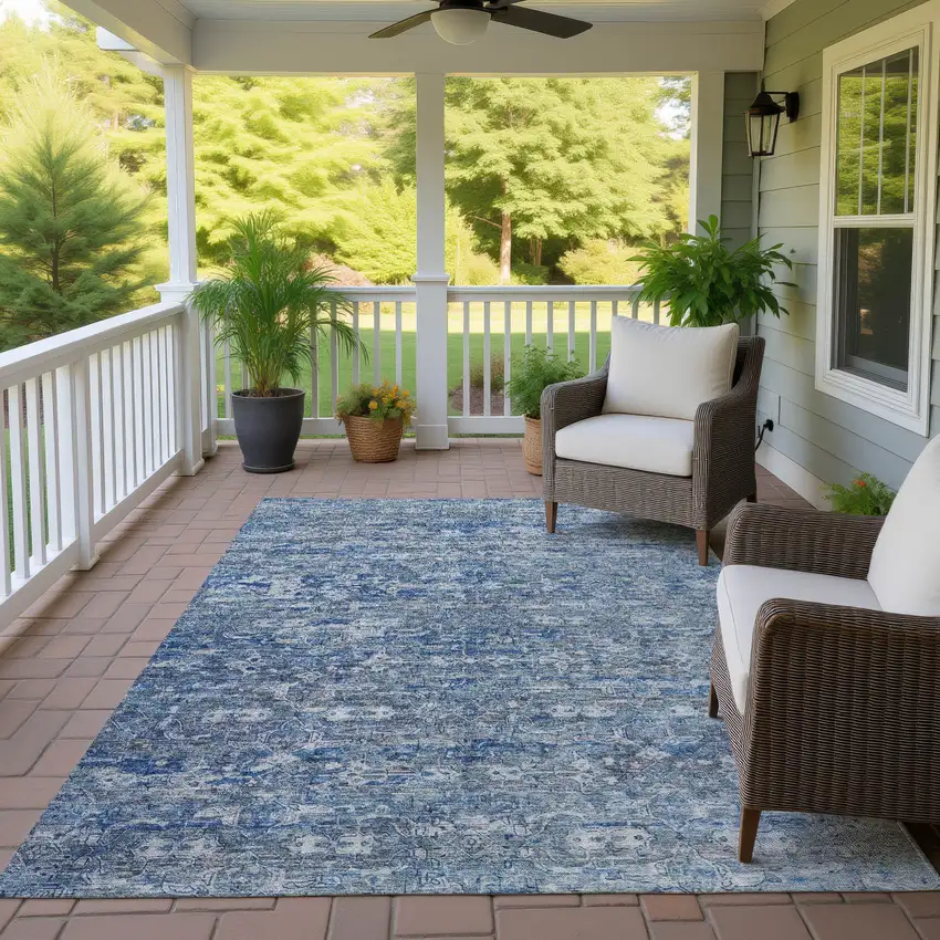 Denim Blue And Ivory Ikat Washable Indoor Outdoor Area Rug Photo 9