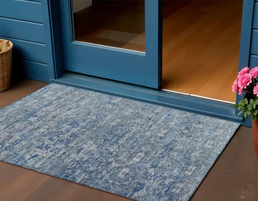 Denim Blue And Ivory Ikat Washable Indoor Outdoor Area Rug Photo 1